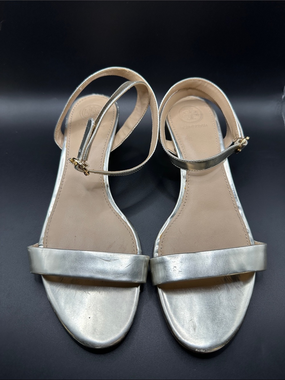 Tory Burch Metallic Silver Ankle-Strap Flat Sandals